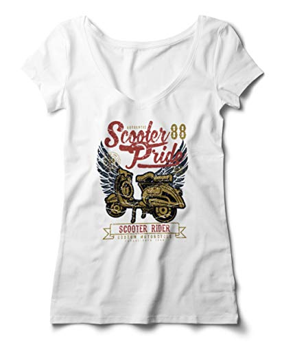 Scooter Pride Rider Motorcycle Vespa Grunge Artwork Cool Vintage Classic V-Neck Escote en V T-Shirt Camiseta Mujeres Blanco Large