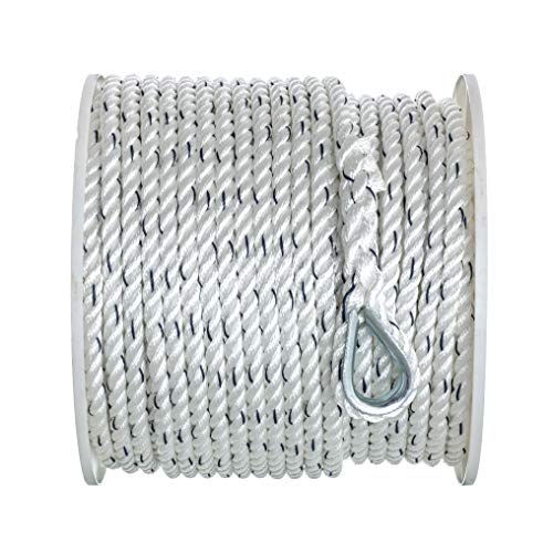 Seachoice 47921 Premium Anchor Rope for Boating - 3-Strand Twisted Nylon Anchor Line, ⅝-Inch x 200 Feet, White/Blue