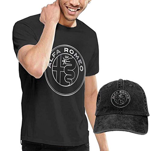 SOTTK Camisetas y Tops Hombre Polos y Camisas, Custom Alfa Romeo - Metallic Grey Logo T Shirt with Hats for Man 100% Organic CottonShort Sleeve Black