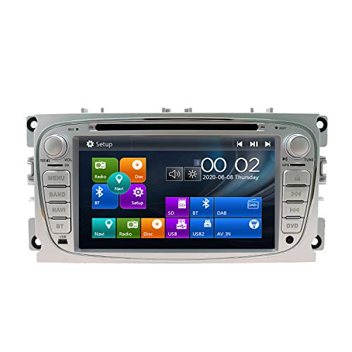 SWTNVIN Radio estéreo para Coche Compatible con Ford Mondeo Focus Fusion Transit Fiesta Galaxy 7 Pulgadas GPS Navigator Doble DIN Unidad de Cabezal Soporte Video Bluetooth SWC DVD Player (Plata09)