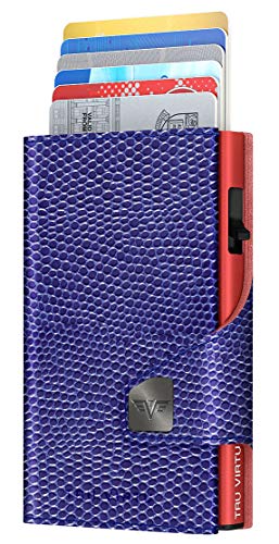 TRU VIRTU® Tarjetero Click & Slide Iguana Violeta Glossy/Rojo I Estuche para Tarjetas de crédito I con protección RFID-NFC I Billetera de Genuino Cuero Italiano I Billetera I Slim Wallet