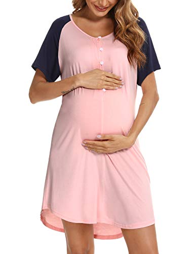 Aibrou Camisón Lactancia, Camison Maternidad Camisón Maternidad Lactancia Manga Corta Camison Embarazada Algodon Cuello en V, Camison Premamá con Botones para Hospital Casual Hogar