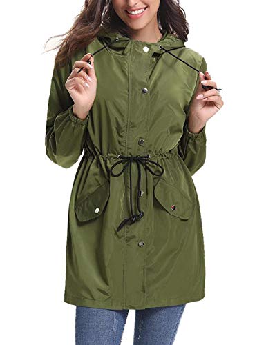 Aibrou Chaqueta Impermeable Mujer,Chaqueta Cortavientos Running Abrigo Impermeable con Capucha Chubasquero Impermeable Deportivo Chuvasqueros de Lluvia Primavera, Ejercito Verde, S