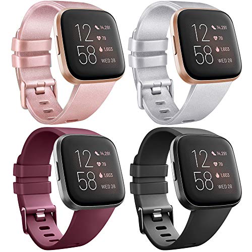 AK para Fitbit Versa Correa, Bandas Repuesto Ajustable Pulsera TPU Sport Accesorio Pulsera para Fitbit Versa Pequeño Grande (04-Pack Rose Gold+Silver+Black+Wine Red, S)