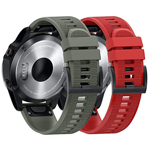 ANBEST 22mm Silicona Pulsera Compatible con Fenix ​​6/Fenix 5/Fenix 5 Puls/Fenix ​​6 Pro Correa, Deporte de correa de liberación rápida para Forerunner 935/945 Smart Watch, Verde Ejercito, Rojo