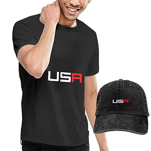 Baostic Camisetas y Tops Hombre Polos y Camisas, USA Ryder Cup Golf Logo College Short Sleeve and Beach Hat, Black Fashion Sport Casual T-Shirt + Cowboy Hat Set for Men