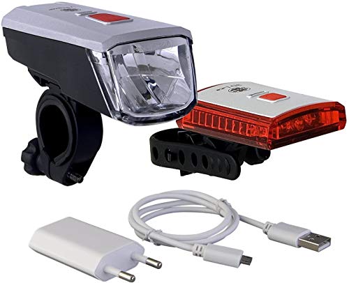 Büchel Batterieleuchtenset 40LUX LED Vancouver Li-Ion Akku USB Ladegerät STVZO Zugelassen - Set de Faro Delantero y Trasero para Ciclismo (led, acumulador), Color Plateado/Negro