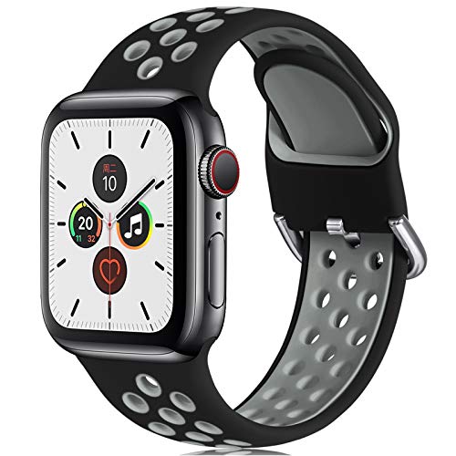 CeMiKa Correa Compatible con Apple Watch Correa 38mm 40mm 42mm 44mm, Suave Silicona Deporte Correa con Compatible con Apple Watch SE/iWatch Series 6 5 4 3 2 1, 42mm/44mm-S/M, Negro/Gris