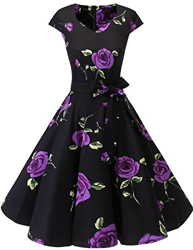 DRESSTELLS Mujer Vestido Corto Mujer Retro Años 50 Vintage Vestido de Cóctel Purple Flower M