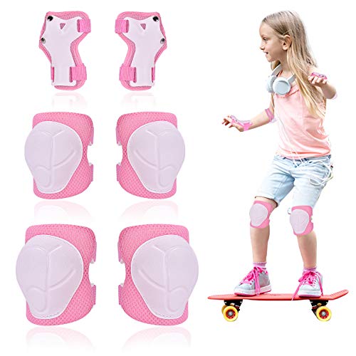 EKKONG Protecciones de Patinaje para Niños,Protección Patinaje, Protecciones Rodillas Bici, Bolsa Patines niña, Set de Protección Infantil para Patines, Monopatín, Patines, Scooter (Rosa)