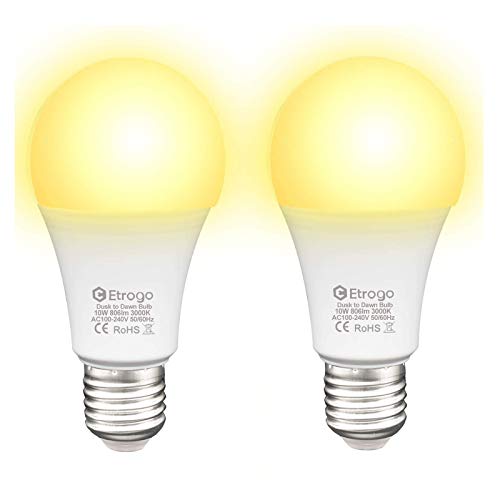 Etrogo Bombilla Crepuscular Led Sensor Luz E27 10W Equivalencia 100W Blanco Cálido 3000K Encender/Apagar Automático 806Lumens 2 Unidades [Clase de eficiencia energética A]