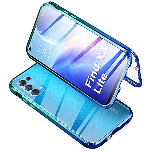 Funda Compatible con OPPO Find X3 Lite 5G, Carcasa Absorción Magnética con Armario Diseño, Aluminio Bumper Transparente Vidrio Templado Case Anti-Arañazos 360 Grados Cover,Azul Verde