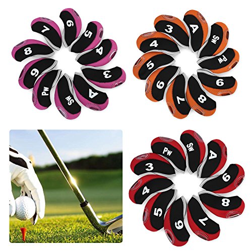 Fundas de Hierros de Golf,10Pcs Cubiertas de Club de Golf Funda para Cabeza de Hierro de Club de Golf Neopreno Set de Putter de Funda Protectora Impermeable(Noir Rouge + numéro)