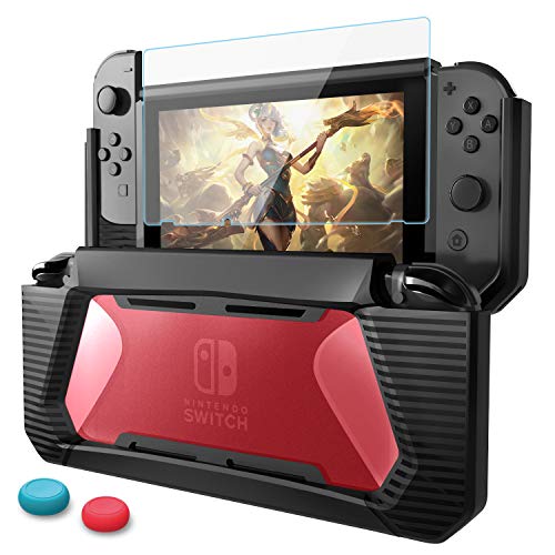 HEYSTOP Funda Compatible con Nintendo Switch con Protector de Pantalla, TPU PC Carcasa de Protección para Nintendo Switch, Anti-Choques/Arañazo (Negro/Rojo)