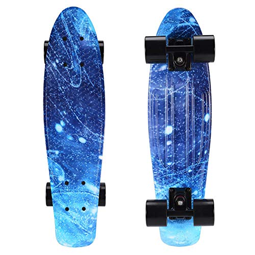 JIARU Mini Cruiser - Monopatín Completo Retro de 55 cm, Tabla de Skate Vintage con Borde de plástico Cruiser Tabla con PU Rueda Flash Rodamiento ABEC-7 para Adultos niños y niñas (Blue Starr sky2)