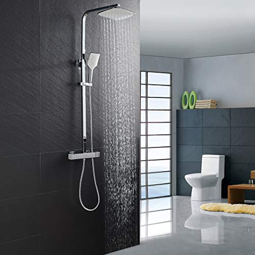 KAIBOR - Sistema de ducha cromado con termostato, juego de ducha con alcachofa de ducha (26 x 20 cm, 3 tipos de chorro, barra de ducha de altura regulable, con sistema de ducha antiquemadura)