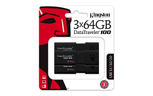 Kingston DataTraveler 100 G3 -DT100G3/64GB-3P (3 Piezas) USB 3.0, Flash Drive, 64 GB, Negro