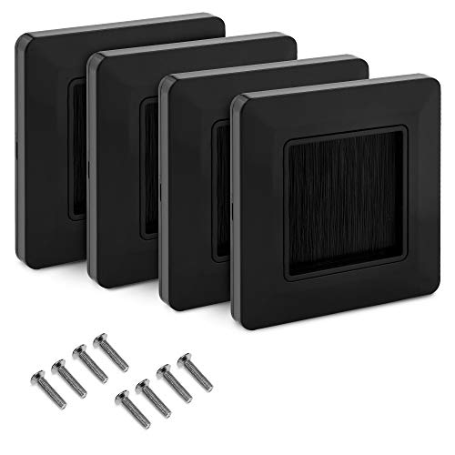 kwmobile 4x Placa de pared con cepillo - Cubierta oculta para tapar cables salidas hoyos y cableado - Set de pasacables para enchufe europeo - Negro