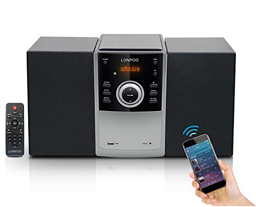Microcadena Hi-Fi 30W con Radio FM Bluetooth, LONPOO Sistema Micro CD Reproductor de CD Micro Sistema de Audio para el hogar, USB, Entrada Auxiliar