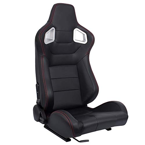 MODAUTO Asiento Deportivo Coche, Semibaquet Ajustable, de Cuero, con Ríeles incluidos, Conductor y Pasajero, Universal para Coche y Simulador de Conducción, Modelo N700R, Negro y Costura Roja