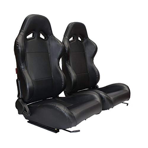 MODAUTO Asiento Deportivo Coche, Semibaquet Deportivo Ajustable, Cuero Estilo Carbono, con Ríeles Incluidos, Conductor y Pasajero, Universal para Coche y Video Juego, Modelo N380LR, Ojo Pequeño, Negro