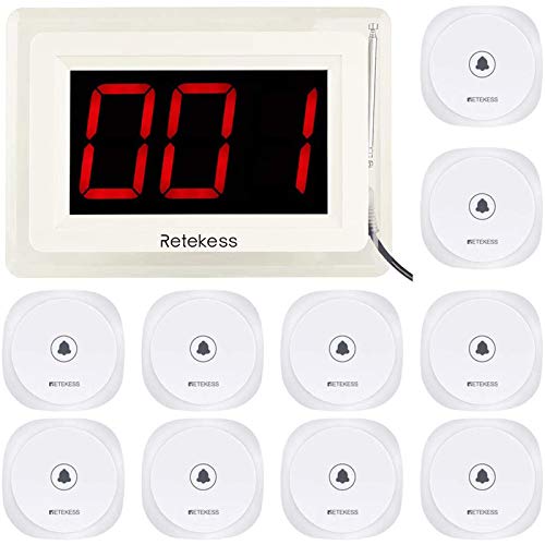 Retekess T114-TD017 Sistema de Llamada Inalámbrica, localizador de Restaurantes Receptor de Pantalla de Volumen de 15 Niveles para Restaurantes, Bares y Clínicas (1 Receptor y 10 Botones Táctiles)