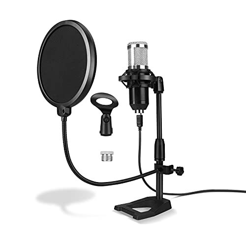 ShiniUni Soporte de micrófono para mesa, brazo de micrófono ajustable, con araña, protección antipop, adaptador de 3/8 a 5/8 pulgadas, clip de micrófono