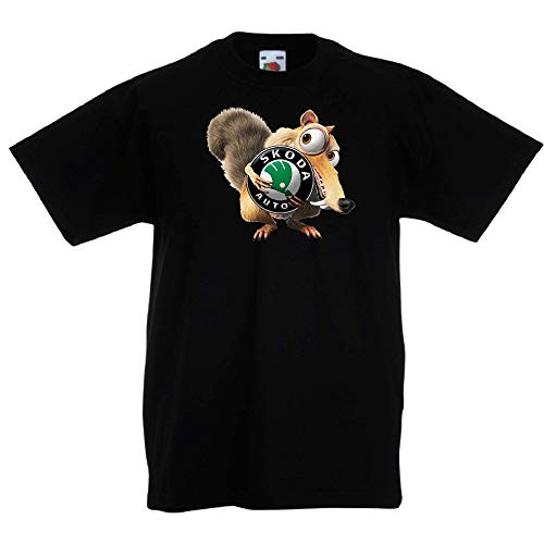 Skoda Scrat Ice Age Logo Camiseta Mejores Impresión Camisa Niño Coche Negro Blanco Rojo Azul Gris Manga Corta Regalo Cuello Redondo Verano T-Shirts Shirt Regalo (9-11 years/140, Red)