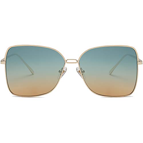 SOJOS Gafas De Sol Para Mujer Moda Cuadrado Oversized Lente Plano Marco Metal SJ1082 Con Marco Dorado/Lente Verde&Café