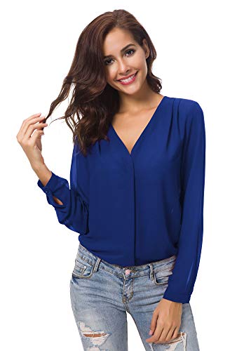 Urban GoCo Blusa de Gasa con Escote en V Mangas Largas y el Dobladillo en el Hombro para Mujeres (S, Azul Real)