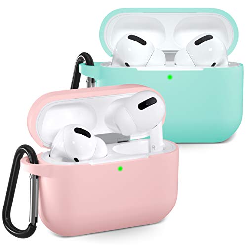 Wepro Funda Compatible con AirPods Pro 2019, Protector Completo Funda de Silicona Airpods 3 Case [Front LED Visible] Soporte de Carga inalámbrica con mosquetón, Rosado/Mar Azul