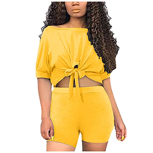 YANFANG Conjunto De Ropa Verano Camiseta Manga Corta+Shorts Traje Deportivo 2 Piezas con Lazo Y Nudo para Mujer, Deportiva Informal,Chandal Mujer Moda Casual Conjuntos Deportivos,Amarillo,XXL