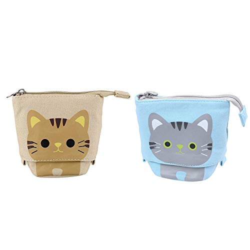 Z-SEAT 2X Canvas Cartoon Cute Telescopic Pencil Pouch Bag Stationery Pen Case Box con Cierre de Cremallera - Azul y Caqui