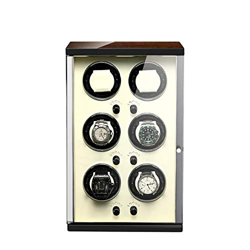 zyy Watch Winder Cajas Giratorias 6 Relojes 5 Modos de Rotación Watch Winder con Motor Silencioso Almohadilla Desmontable Puerta Delantera Transprente Mecanismo de Tensión de Resorte Beige