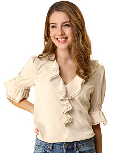 Allegra K Blusa Top Campesino De Gasa Casual Vintage Verano Media Manga De Campana Volante V Cuello para Mujeres Beige L