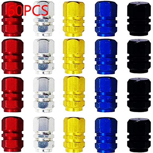 Biluer Tapones de Válvula, 60PCS Tapas de Válvulas de Neumático Tapones de válvula de Aleación de Aluminio Válvula de Neumático Cubiertas de Polvo para Moto Camión Bicicleta(5 Colores)