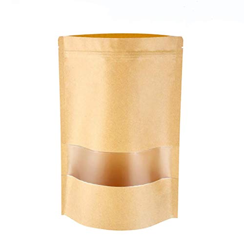 Bolsa de Papel Kraft Reutilizables Marrón Ziplock Auto Sellante Stand Up con Ventana Transparente Impermeables Aplicar DIY Té Granos de Café Tea Almacenamiento de Alimentos50Pcs 14 * 22cm