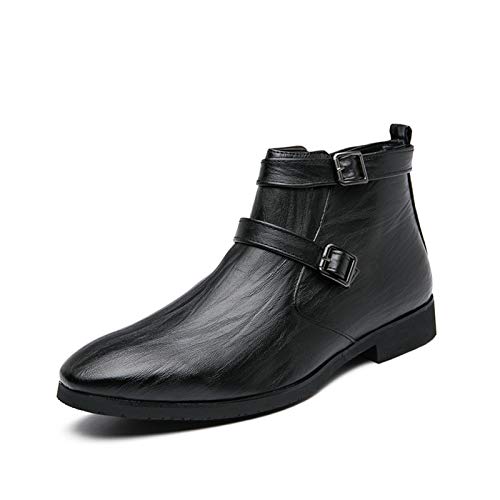 CAIFENG Botas para Hombres Almendro Toe Interior Cremallera Bloque Bajo Tacón de talón Slip On Tap Tap Monk Correa Plazo Piel Sintética Suela Suela (Color : Black, Size : 40 EU)