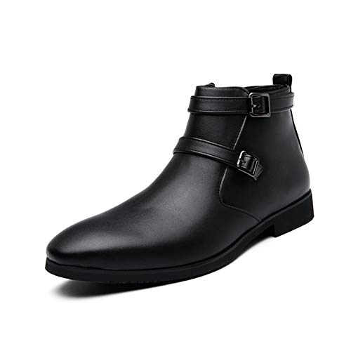 CAIFENG Botas para Hombres Llano Almendro Toe Interior Cremallera Alta Resbalón Superior en Monk Correa Pull Tap Bajo Bloque Tacón Sintético Cuero Suela Suela (Color : Black, Size : 43 EU)