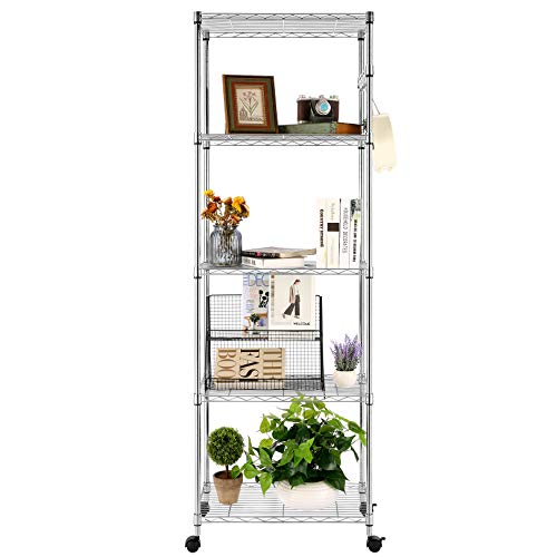 Devo Estantes de Metal Ajustables de 5 Estantes con Ruedas, Estanterías Resistentes y Organizador de Almacenamiento para Cocina Garaje Armario Despensa Lavandería Baño, con Ganchos, 60x35x180cm