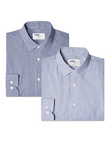 find. 2 Pack Slim Shirt - Camisa Hombre, Blau (Bengal Blue / Gingham Navy), 41 cm, Label: L