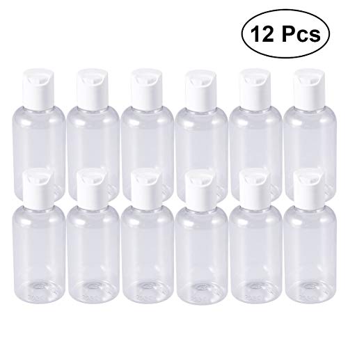 Frcolor Paquete de 12 botellas de plástico rellenables de 75 ml con tapa de disco de prensa Contenedores transparentes para cualquier producto líquido (color de tapa aleatorio)