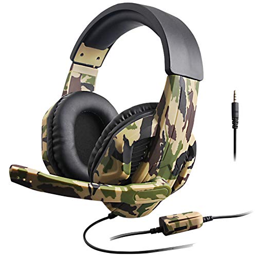 HINMAY Auriculares de camuflaje para juegos, micrófono con cancelación de ruido y graves profundos con cable, orejeras de cuero PU, 3,5 mm para teléfonos, tabletas, computadoras, Mp4