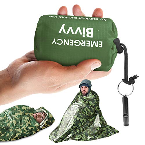 Idefair Saco de Dormir de Emergencia con Silbato de Supervivencia Impermeable Ligero Equipo de Supervivencia Manta Bolsas para Senderismo Caza Camping Mantener Caliente