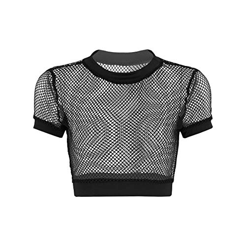 iiniim Camiseta Mujer Manga Corta Sexy Crop Top de Malla Rejilla Perspectiva Transparente Top Corto Mini Cami Ropa de Dormir Fiesta Club Noche Ropa Erotica Fishnet Ver a Través Negro Large