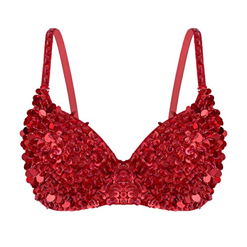 iixpin Mujer Sexy Sujetador con Lentejuelas Brillantes Bra Push Up Top de Danza de Vientre Bikini Verano Traje para Fiesta Noche Club Actuación Rojo 34A, 34B