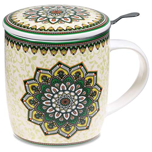 Juego de regalo con taza de mandala verde de 400 cl, tapa e infusor inoxidable, de porcelana de ceniza de hueso