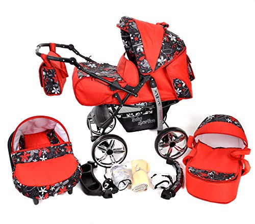 Kamil - Sistema de viaje 3 en 1, silla de paseo, carrito con capazo y silla de coche, RUEDAS ESTÁTICAS y accesorios (Sistema de viaje 3 en 1, rojo, flores coloridas)