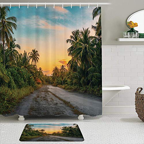 KISSENSU Cortinas con Ganchos,Puesta de Sol Romance Verano Crepúsculo Paisaje Palm Grove Trópico Carretera Terreno Afterglow Fantasía Cielo,Cortina de Ducha Alfombra de baño Bañera Accesorios