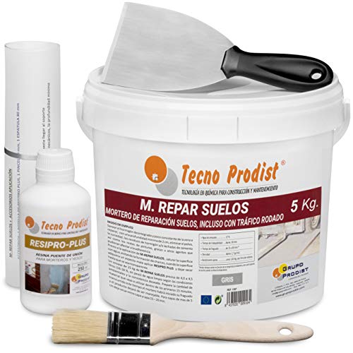 M-REPAR SUELOS de Tecno Prodist – (5 kg + kit) Mortero de reparación suelos hormigón o cemento, incluso con tráfico rodado (transitable por vehículos en 2 horas) + Accesorios aplicación